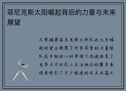 菲尼克斯太阳崛起背后的力量与未来展望