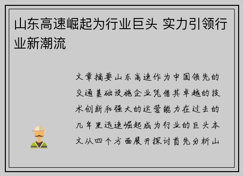 山东高速崛起为行业巨头 实力引领行业新潮流