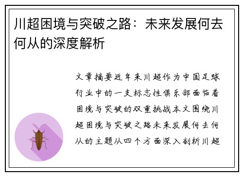川超困境与突破之路:未来发展何去何从的深度解析 川超困境与突破之路:未来发展何去何从的深度解析