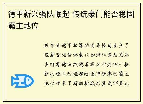 德甲新兴强队崛起 传统豪门能否稳固霸主地位